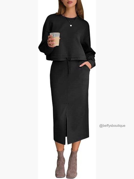Dresses & Skirts - Long Sleeve Drawstring Top Midi Skirt Set Lounge Travel Outfit Medium